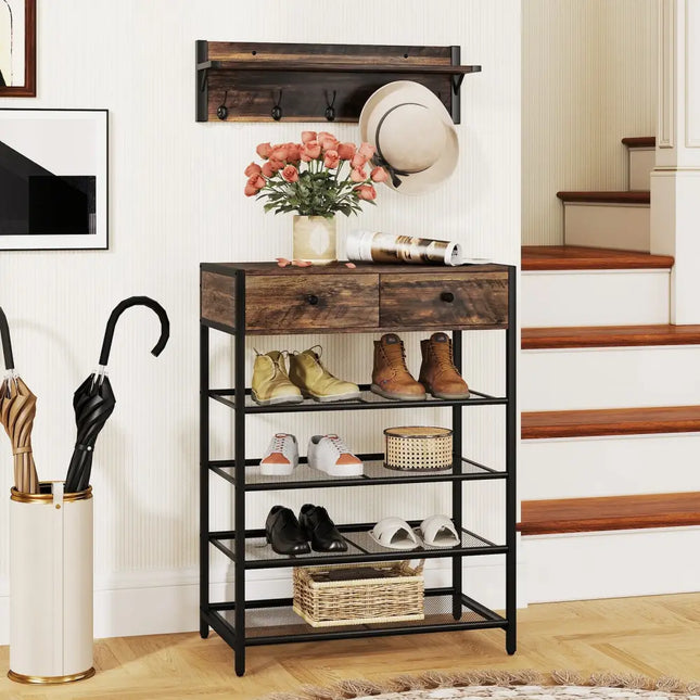 Coat Rack Shoe Stand Set 5-Tier Shoe Rack with Wall-Mounted Coat Hanger-Brown - Brown - Shoe Racks & Storage Benches
