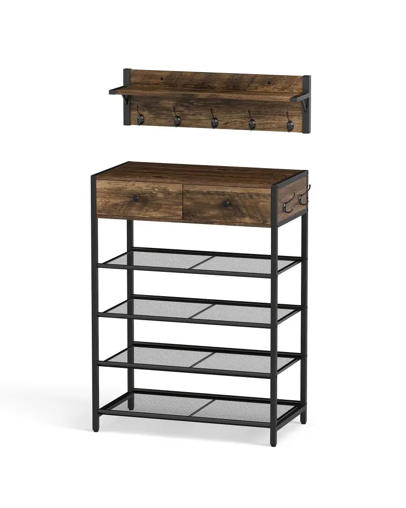 Coat Rack Shoe Stand Set 5-Tier Shoe Rack with Wall-Mounted Coat Hanger-Brown - Brown - Shoe Racks & Storage Benches