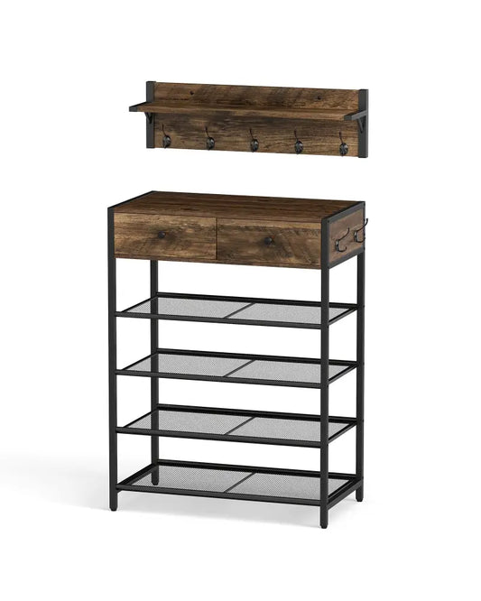 Coat Rack Shoe Stand Set 5-Tier Shoe Rack with Wall-Mounted Coat Hanger-Brown - Brown - Shoe Racks & Storage Benches