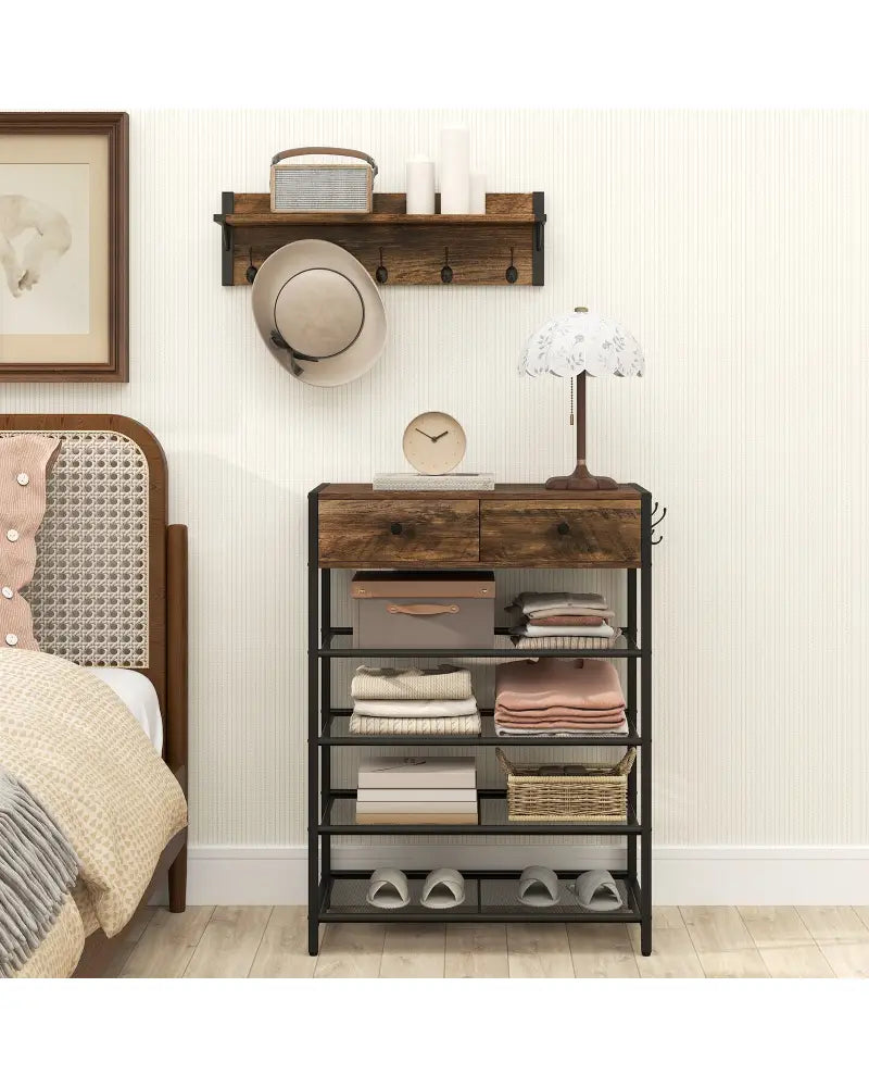 Coat Rack Shoe Stand Set 5-Tier Shoe Rack with Wall-Mounted Coat Hanger-Brown - Brown - Shoe Racks & Storage Benches