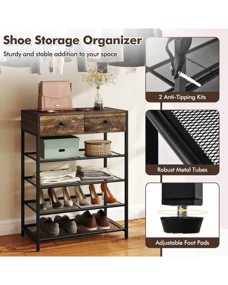 Coat Rack Shoe Stand Set 5-Tier Shoe Rack with Wall-Mounted Coat Hanger-Brown - Brown - Shoe Racks & Storage Benches