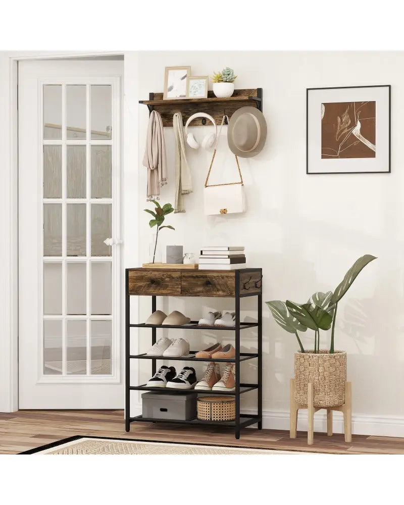 Coat Rack Shoe Stand Set 5-Tier Shoe Rack with Wall-Mounted Coat Hanger-Brown - Brown - Shoe Racks & Storage Benches
