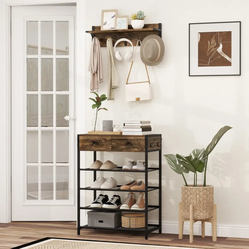 Coat Rack Shoe Stand Set 5-Tier Shoe Rack with Wall-Mounted Coat Hanger-Brown - Brown - Shoe Racks & Storage Benches