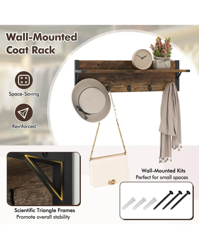 Coat Rack Shoe Stand Set 5-Tier Shoe Rack with Wall-Mounted Coat Hanger-Brown - Brown - Shoe Racks & Storage Benches