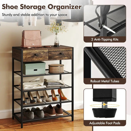 Coat Rack Shoe Stand Set 5-Tier Shoe Rack with Wall-Mounted Coat Hanger-Brown - Brown - Shoe Racks & Storage Benches