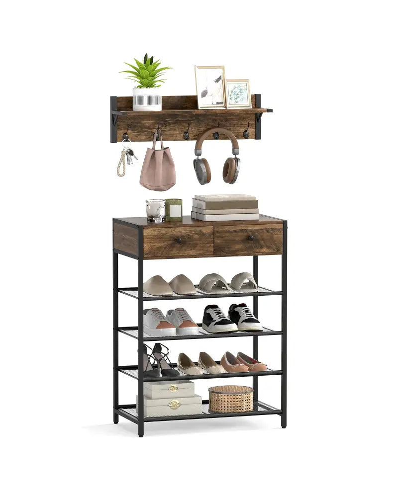Coat Rack Shoe Stand Set 5-Tier Shoe Rack with Wall-Mounted Coat Hanger-Brown - Brown - Shoe Racks & Storage Benches