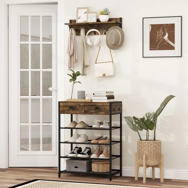 Coat Rack Shoe Stand Set 5-Tier Shoe Rack with Wall-Mounted Coat Hanger-Brown - Brown - Shoe Racks & Storage Benches