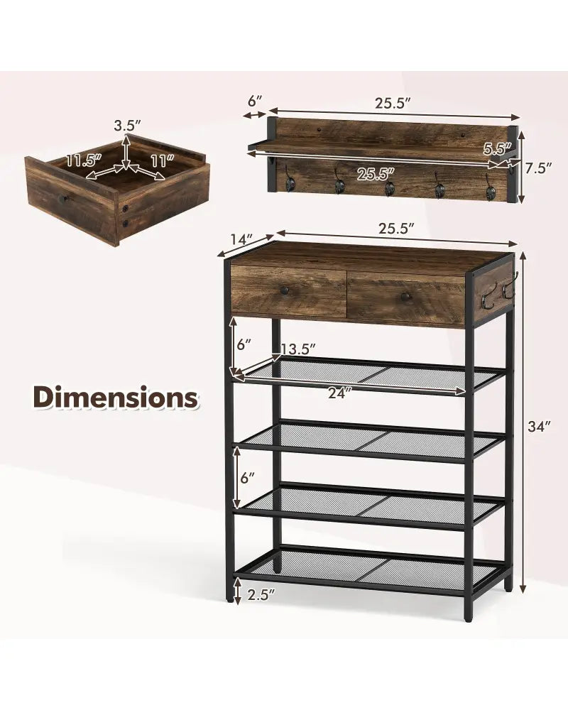 Coat Rack Shoe Stand Set 5-Tier Shoe Rack with Wall-Mounted Coat Hanger-Brown - Brown - Shoe Racks & Storage Benches