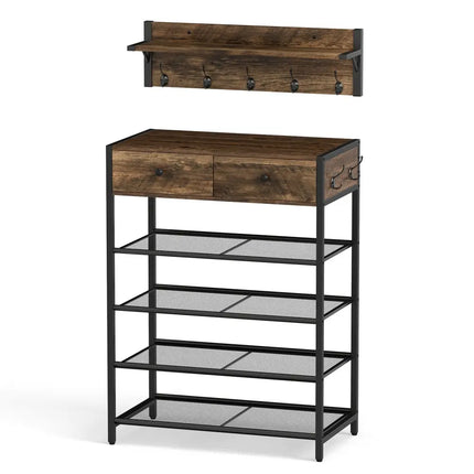 Coat Rack Shoe Stand Set 5-Tier Shoe Rack with Wall-Mounted Coat Hanger-Brown - Brown - Shoe Racks & Storage Benches