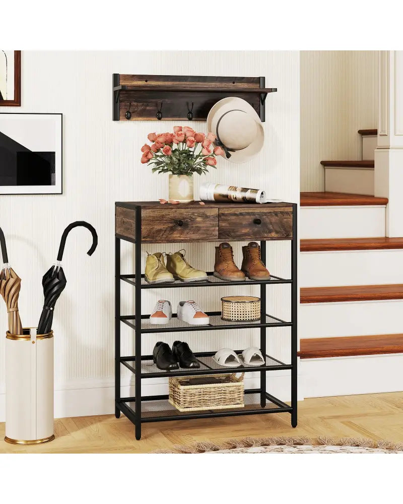 Coat Rack Shoe Stand Set 5-Tier Shoe Rack with Wall-Mounted Coat Hanger-Brown - Brown - Shoe Racks & Storage Benches