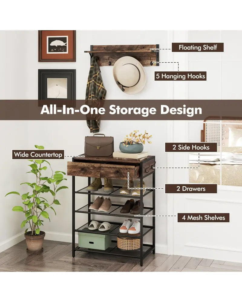 Coat Rack Shoe Stand Set 5-Tier Shoe Rack with Wall-Mounted Coat Hanger-Brown - Brown - Shoe Racks & Storage Benches