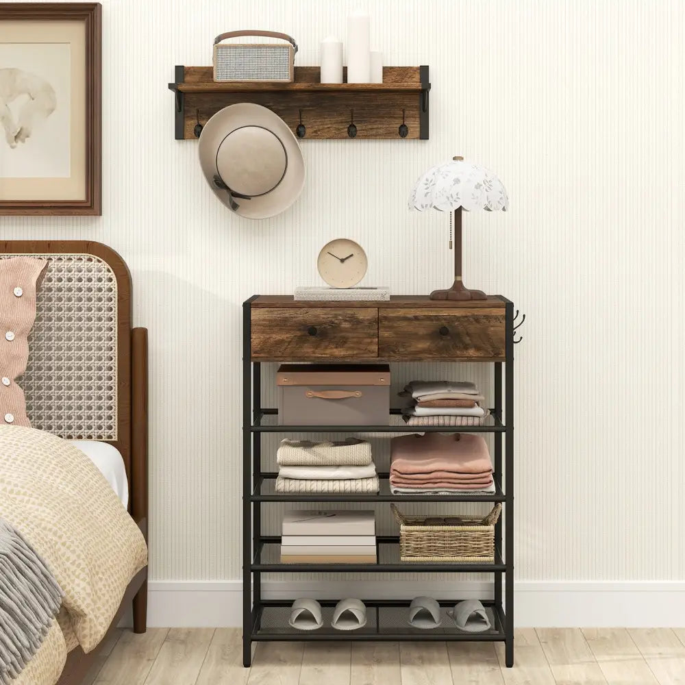 Coat Rack Shoe Stand Set 5-Tier Shoe Rack with Wall-Mounted Coat Hanger-Brown - Brown - Shoe Racks & Storage Benches