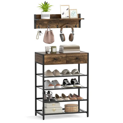 Coat Rack Shoe Stand Set 5-Tier Shoe Rack with Wall-Mounted Coat Hanger-Brown - Brown - Shoe Racks & Storage Benches