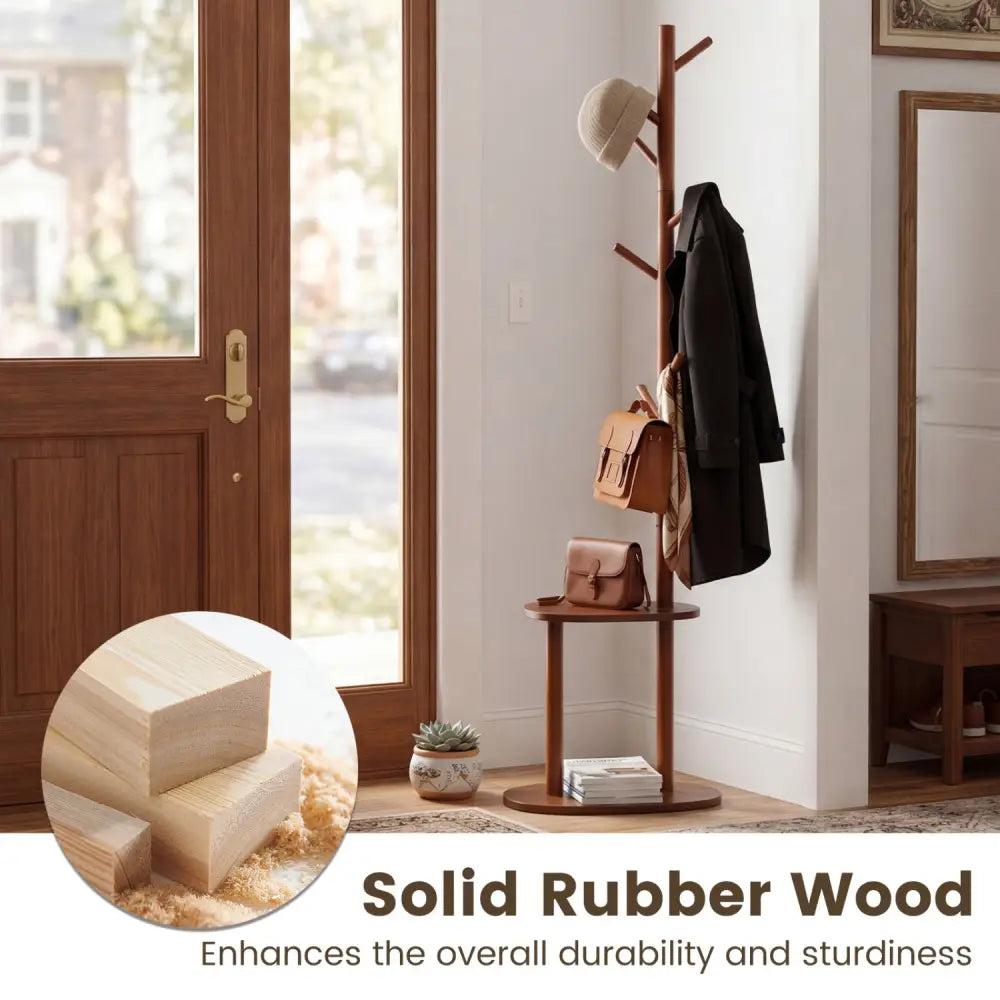 Coat Rack with 8 Rubber Wood Hooks and 2 Storage Shelves-Walnut - Walnut - Coat Racks & Hall Trees