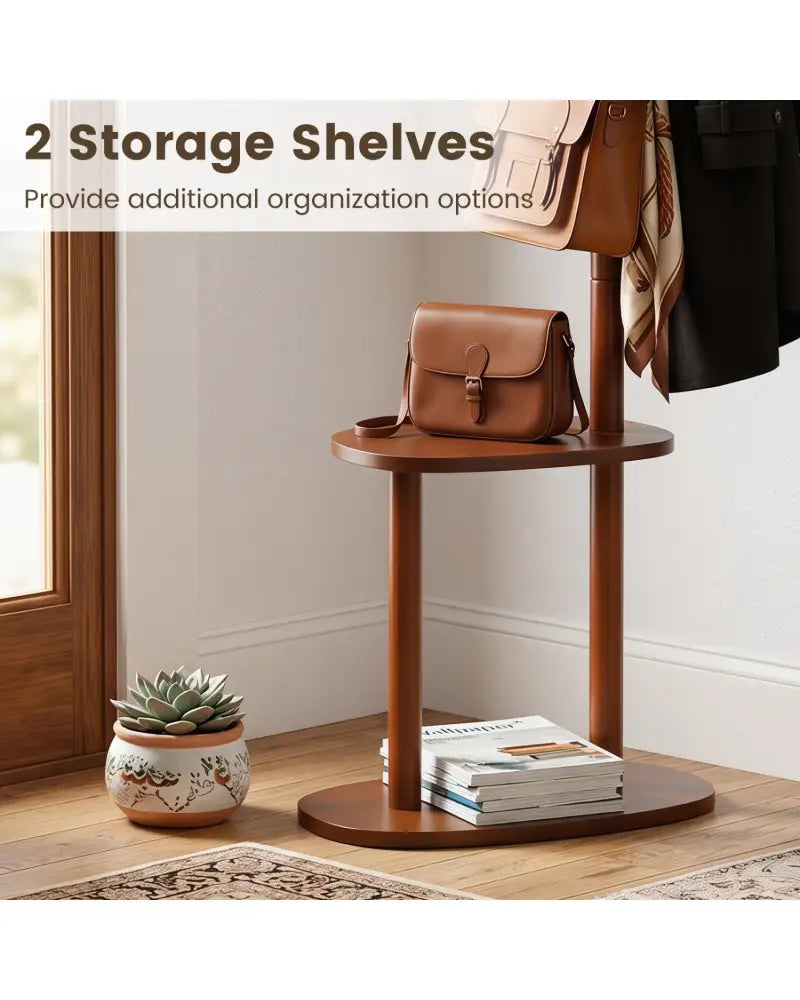 Coat Rack with 8 Rubber Wood Hooks and 2 Storage Shelves-Walnut - Walnut - Coat Racks & Hall Trees