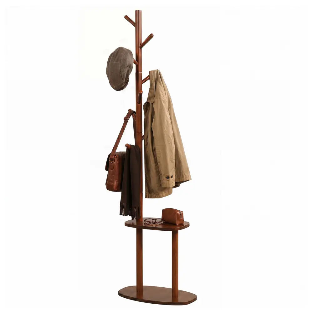 Coat Rack with 8 Rubber Wood Hooks and 2 Storage Shelves-Walnut - Walnut - Coat Racks & Hall Trees