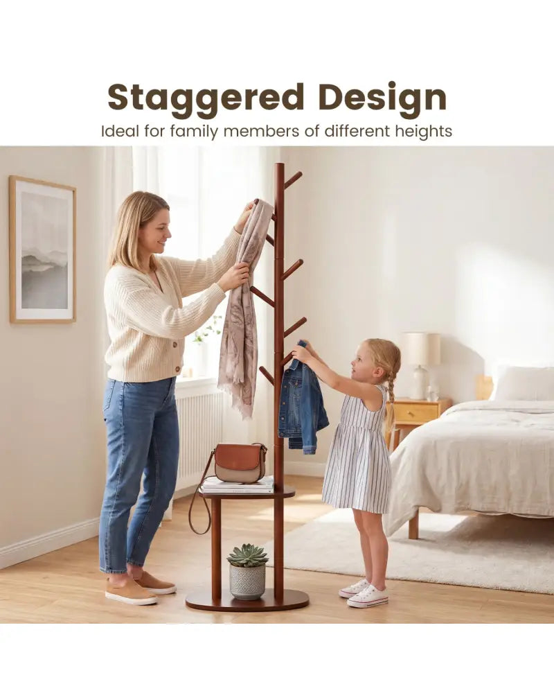 Coat Rack with 8 Rubber Wood Hooks and 2 Storage Shelves-Walnut - Walnut - Coat Racks & Hall Trees