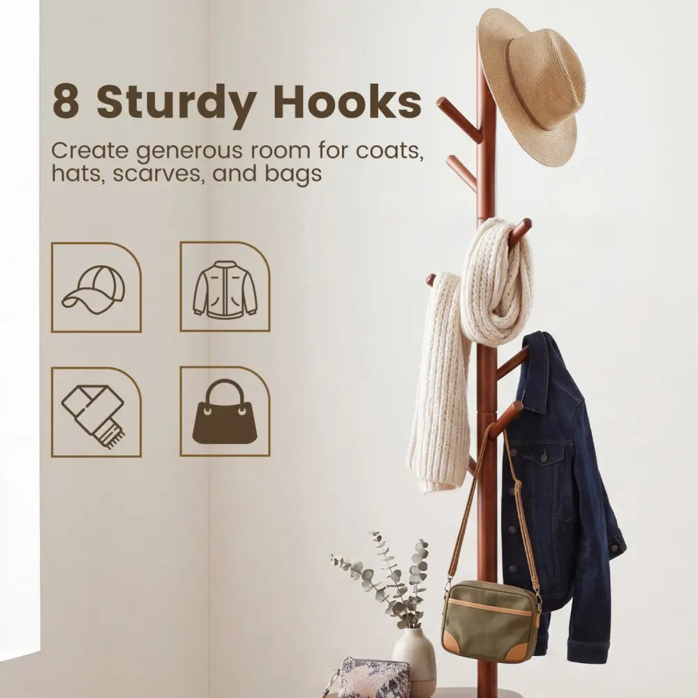Coat Rack with 8 Rubber Wood Hooks and 2 Storage Shelves-Walnut - Walnut - Coat Racks & Hall Trees