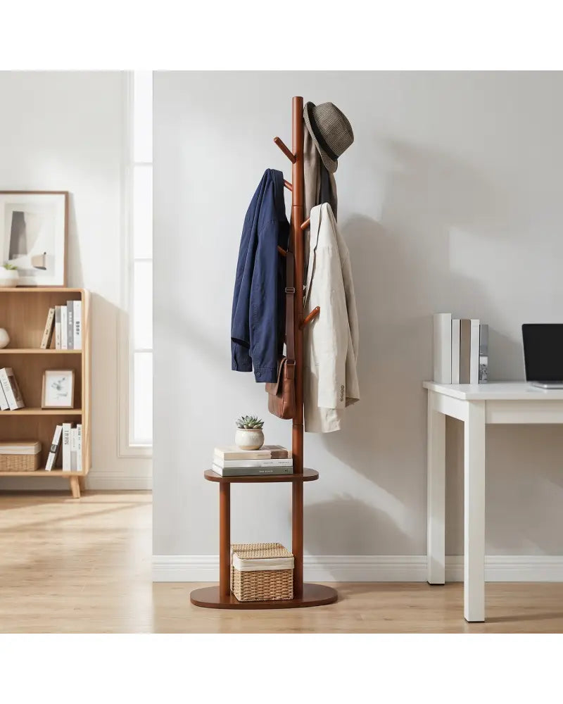 Coat Rack with 8 Rubber Wood Hooks and 2 Storage Shelves-Walnut - Walnut - Coat Racks & Hall Trees