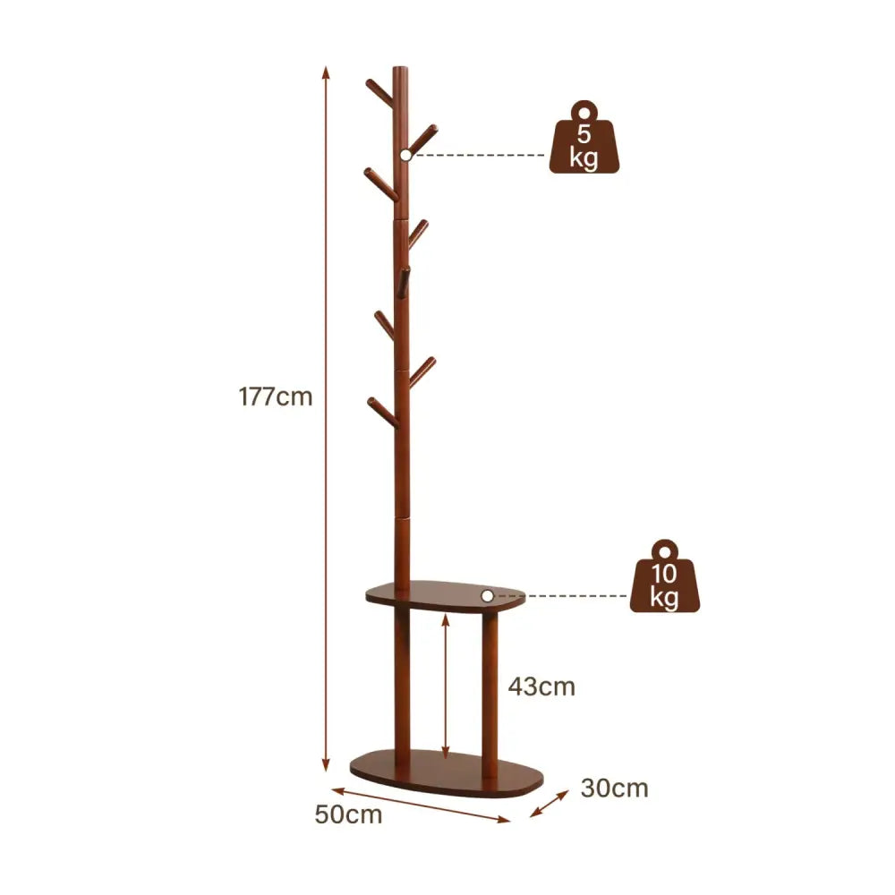 Coat Rack with 8 Rubber Wood Hooks and 2 Storage Shelves-Walnut - Walnut - Coat Racks & Hall Trees