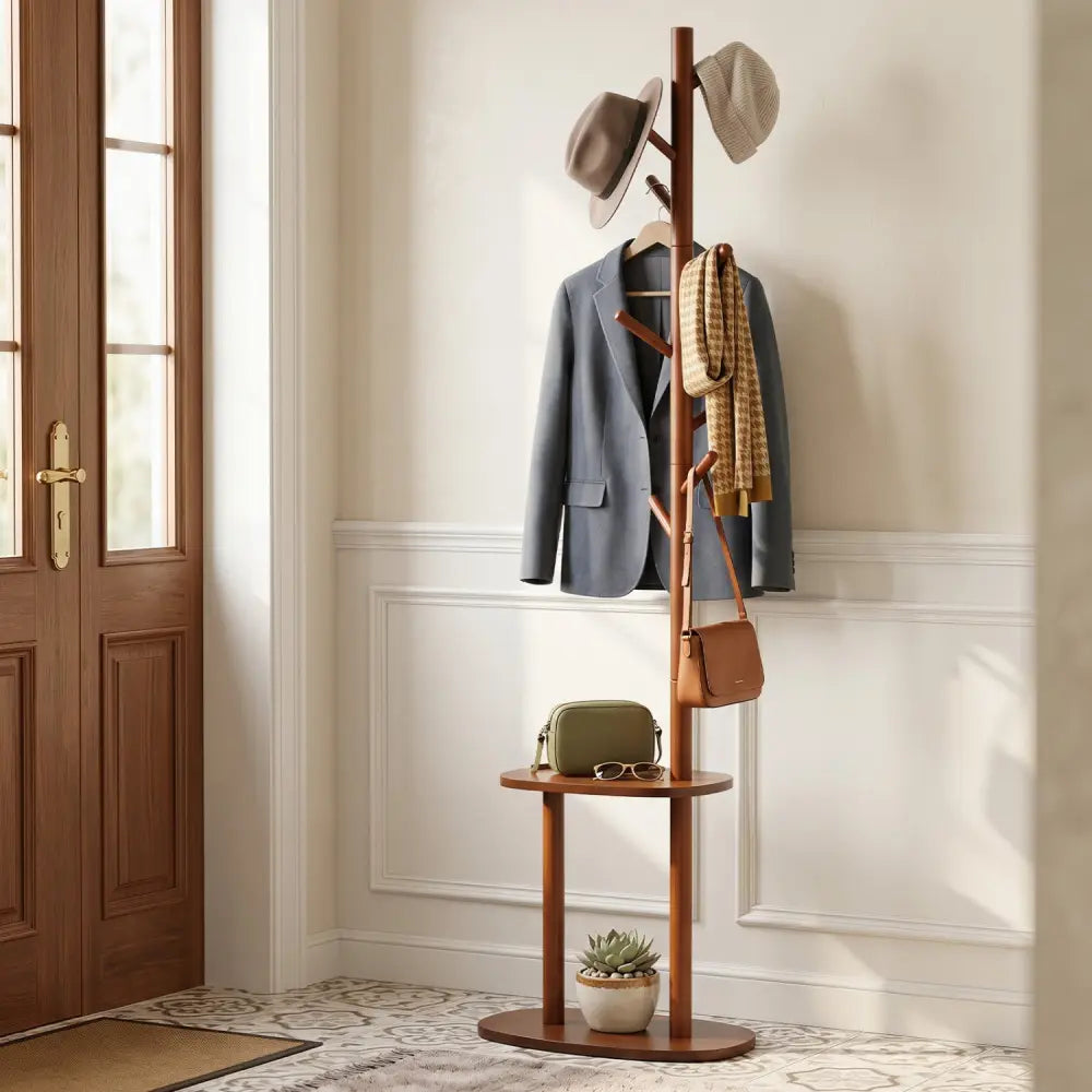 Coat Rack with 8 Rubber Wood Hooks and 2 Storage Shelves-Walnut - Walnut - Coat Racks & Hall Trees