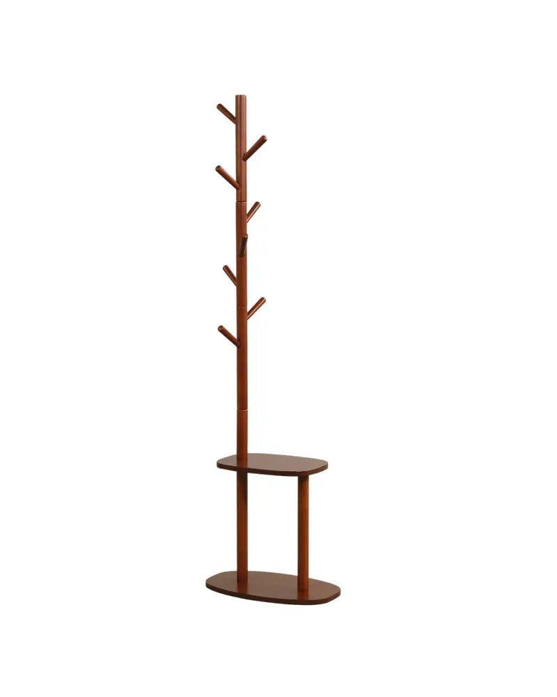 Coat Rack with 8 Rubber Wood Hooks and 2 Storage Shelves-Walnut - Walnut - Coat Racks & Hall Trees