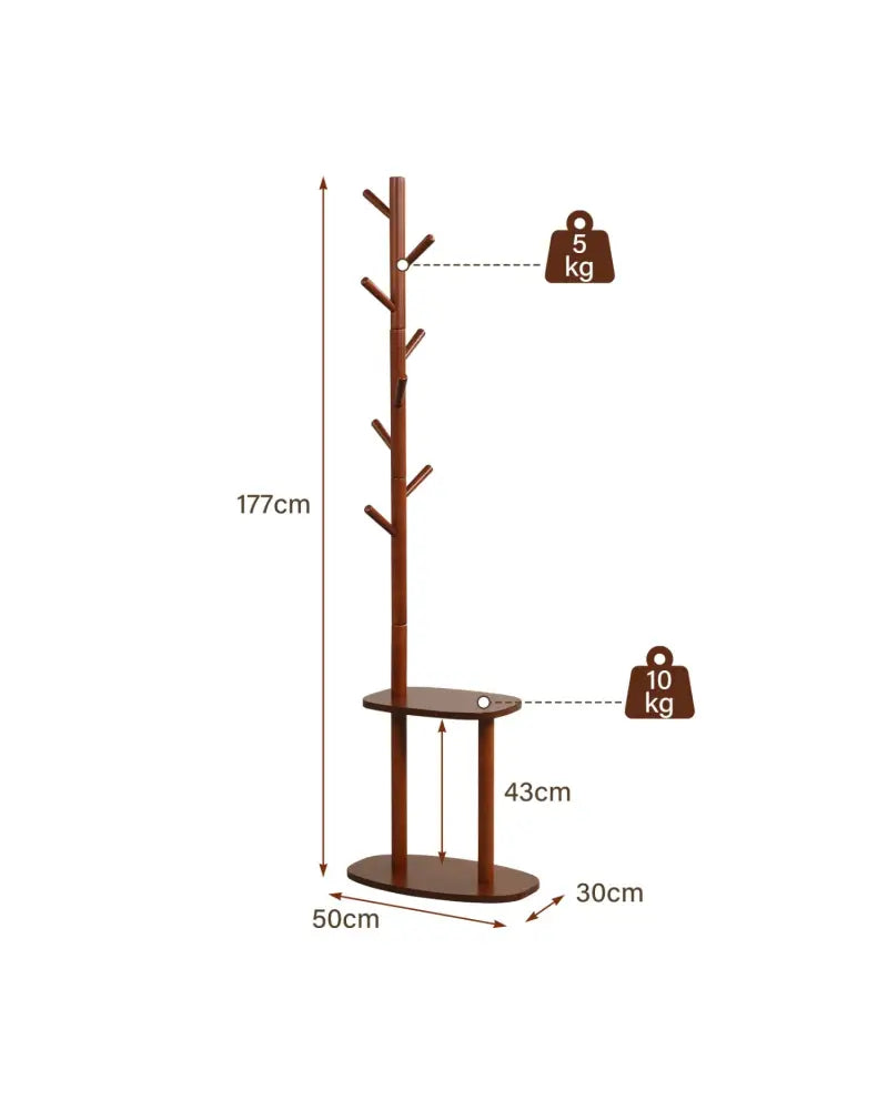 Coat Rack with 8 Rubber Wood Hooks and 2 Storage Shelves-Walnut - Walnut - Coat Racks & Hall Trees