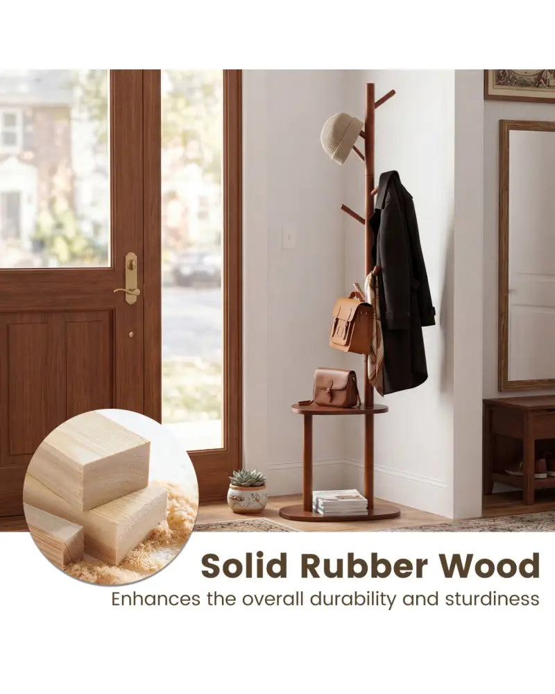 Coat Rack with 8 Rubber Wood Hooks and 2 Storage Shelves-Walnut - Walnut - Coat Racks & Hall Trees