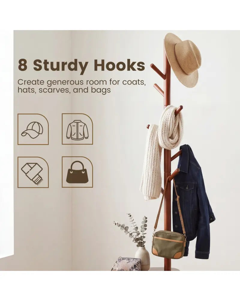 Coat Rack with 8 Rubber Wood Hooks and 2 Storage Shelves-Walnut - Walnut - Coat Racks & Hall Trees