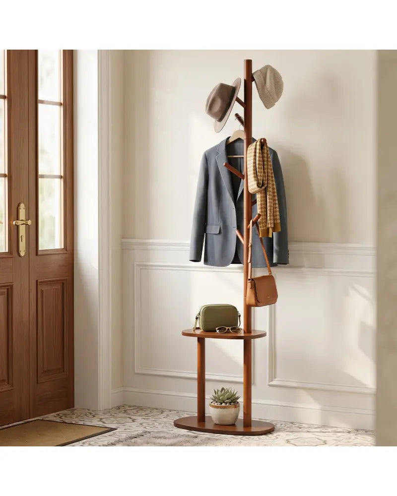Coat Rack with 8 Rubber Wood Hooks and 2 Storage Shelves-Walnut - Walnut - Coat Racks & Hall Trees