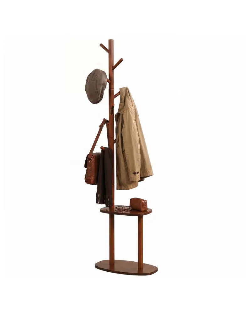 Coat Rack with 8 Rubber Wood Hooks and 2 Storage Shelves-Walnut - Walnut - Coat Racks & Hall Trees