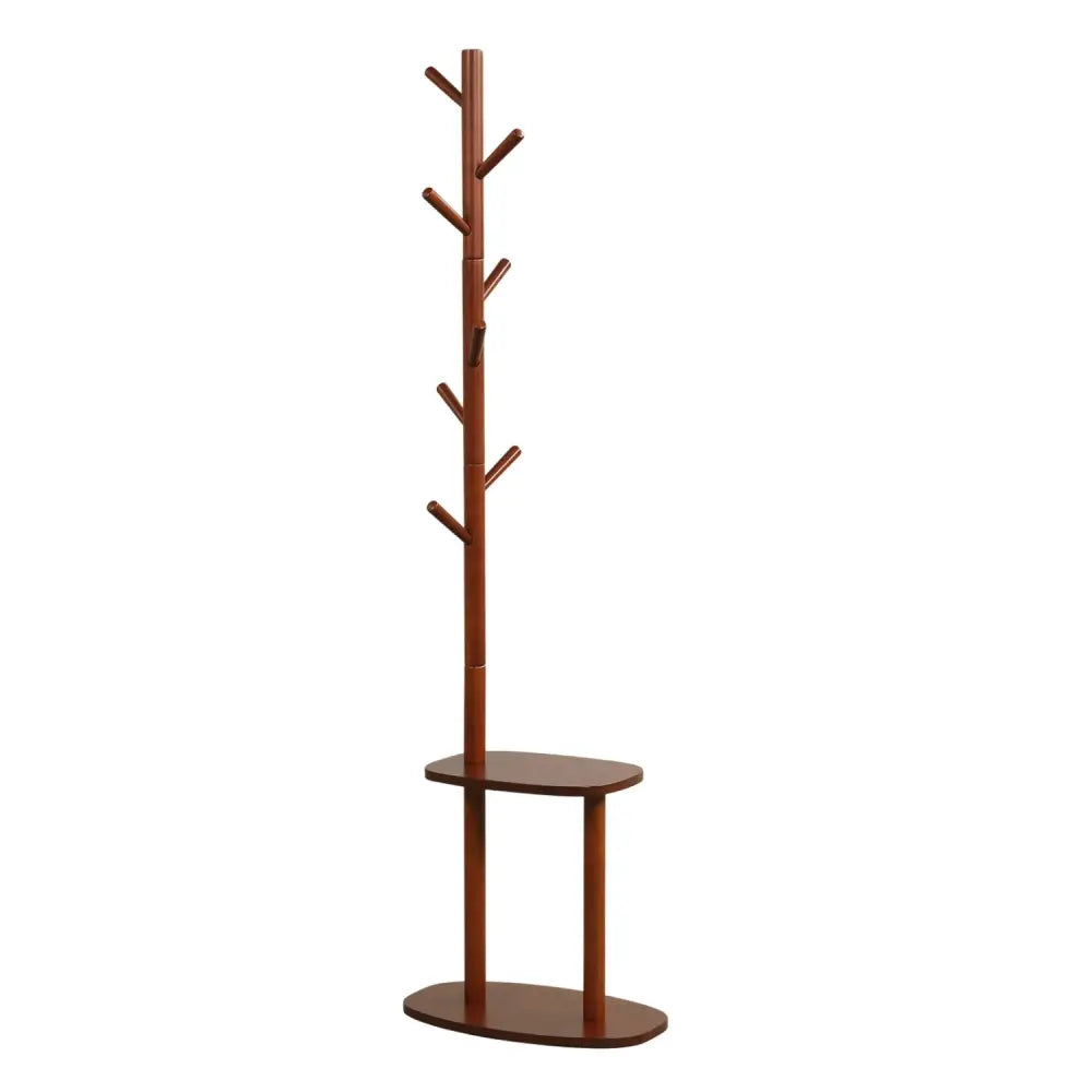 Coat Rack with 8 Rubber Wood Hooks and 2 Storage Shelves-Walnut - Walnut - Coat Racks & Hall Trees