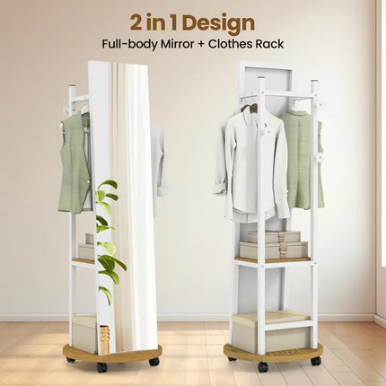Coat Rack with Full Length Mirror Freestanding Coat Tree with 3 Hooks-Natural - Natural - Coat Racks & Hall Trees