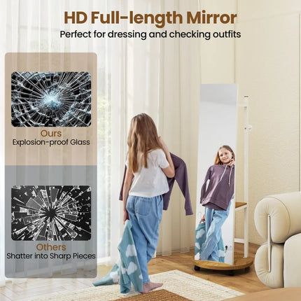 Coat Rack with Full Length Mirror Freestanding Coat Tree with 3 Hooks-Natural - Natural - Coat Racks & Hall Trees