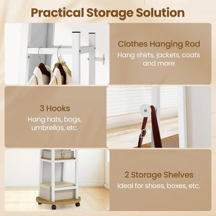 Coat Rack with Full Length Mirror Freestanding Coat Tree with 3 Hooks-Natural - Natural - Coat Racks & Hall Trees