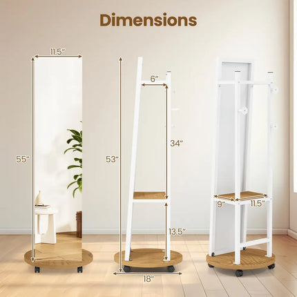 Coat Rack with Full Length Mirror Freestanding Coat Tree with 3 Hooks-Natural - Natural - Coat Racks & Hall Trees