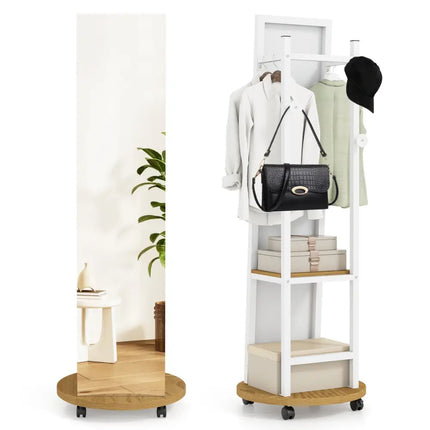 Coat Rack with Full Length Mirror Freestanding Coat Tree with 3 Hooks-Natural - Natural - Coat Racks & Hall Trees