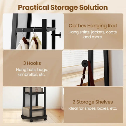 Coat Rack with Full Length Mirror Freestanding Coat Tree with 3 Hooks-Walnut - Walnut - Coat Racks & Hall Trees