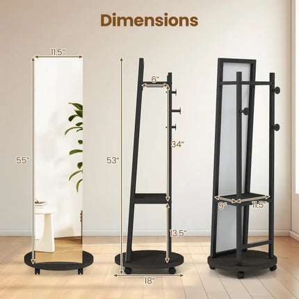 Coat Rack with Full Length Mirror Freestanding Coat Tree with 3 Hooks-Walnut - Walnut - Coat Racks & Hall Trees