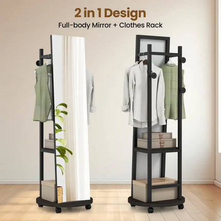Coat Rack with Full Length Mirror Freestanding Coat Tree with 3 Hooks-Walnut - Walnut - Coat Racks & Hall Trees