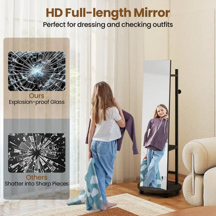 Coat Rack with Full Length Mirror Freestanding Coat Tree with 3 Hooks-Walnut - Walnut - Coat Racks & Hall Trees