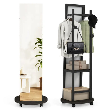 Coat Rack with Full Length Mirror Freestanding Coat Tree with 3 Hooks-Walnut - Walnut - Coat Racks & Hall Trees