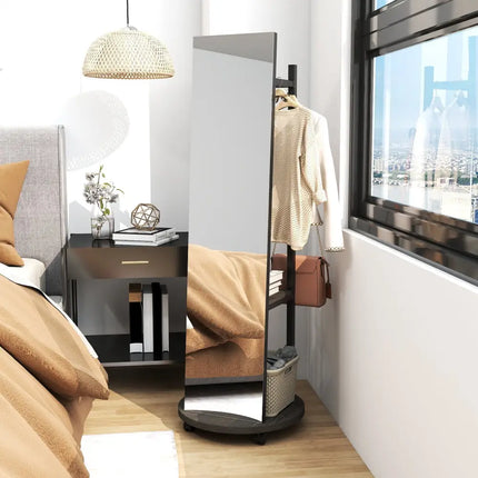 Coat Rack with Full Length Mirror Freestanding Coat Tree with 3 Hooks-Walnut - Walnut - Coat Racks & Hall Trees