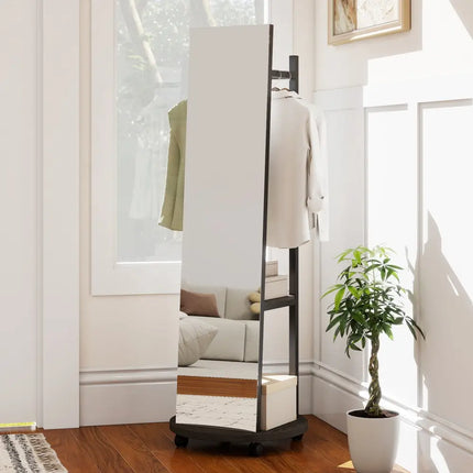 Coat Rack with Full Length Mirror Freestanding Coat Tree with 3 Hooks-Walnut - Walnut - Coat Racks & Hall Trees