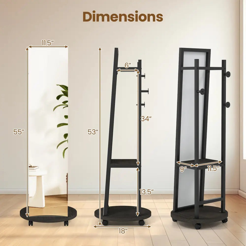 Coat Rack with Full Length Mirror Freestanding Coat Tree with 3 Hooks-Walnut - Walnut - Coat Racks & Hall Trees