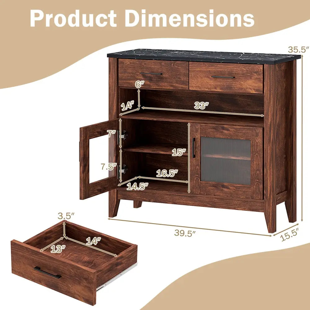 Coffee Bar Cabinet with 2 Drawers and 1 Open Compartment-Brown - Brown - Sideboards Cabinets & Buffets