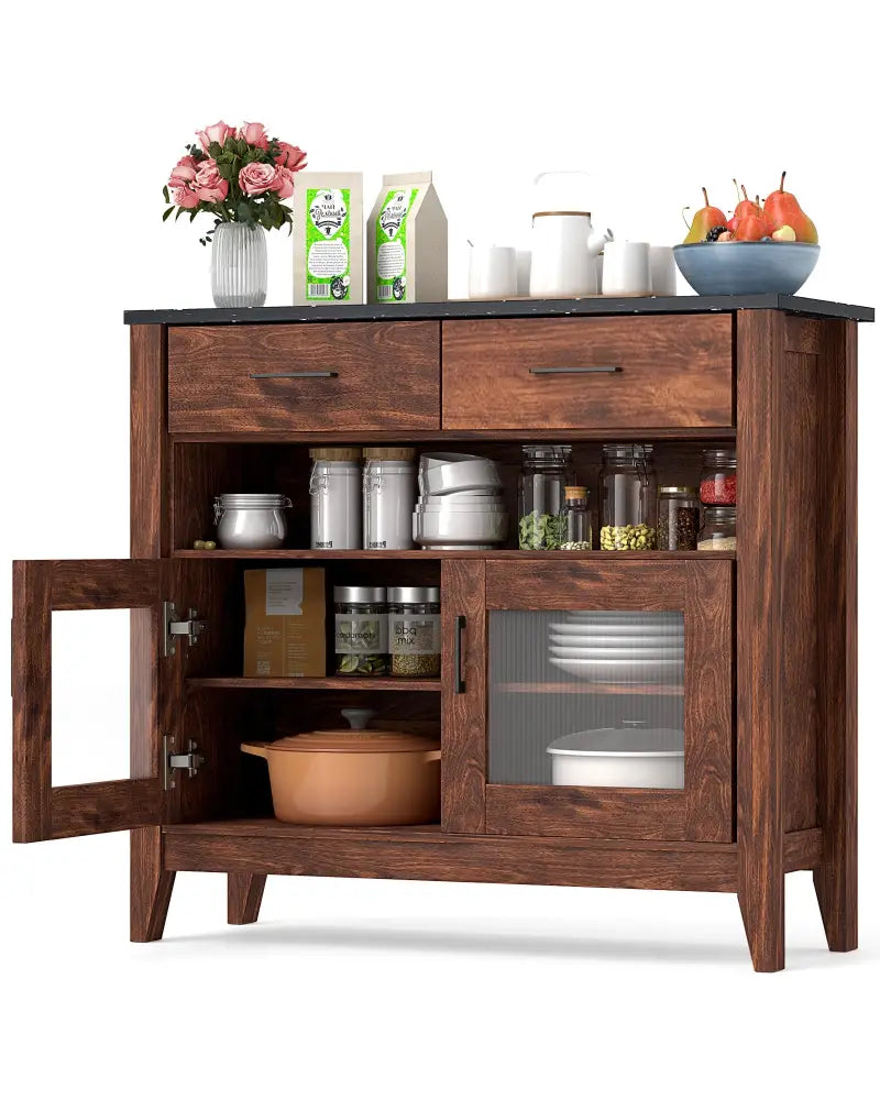 Coffee Bar Cabinet with 2 Drawers and 1 Open Compartment-Brown - Brown - Sideboards Cabinets & Buffets