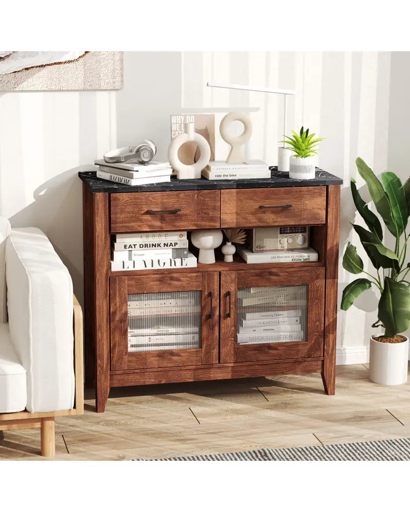 Coffee Bar Cabinet with 2 Drawers and 1 Open Compartment-Brown - Brown - Sideboards Cabinets & Buffets