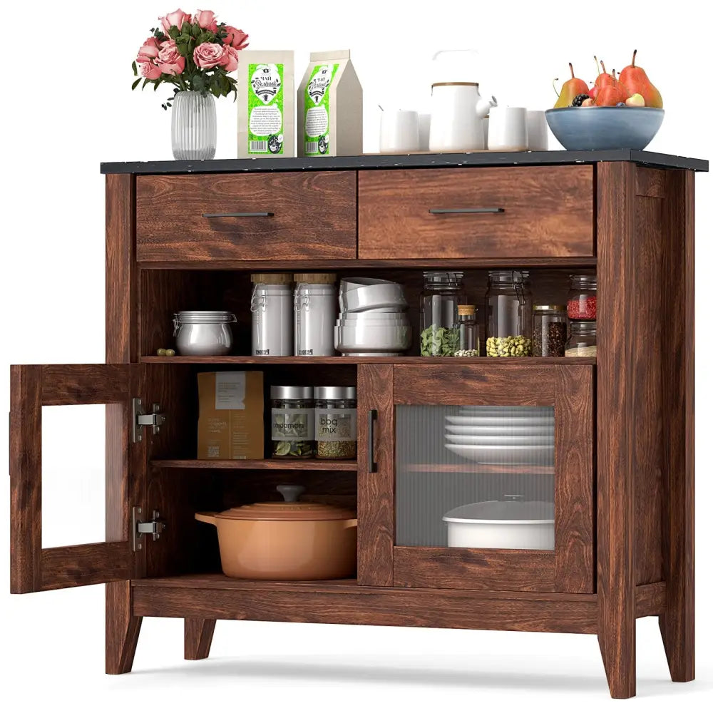 Coffee Bar Cabinet with 2 Drawers and 1 Open Compartment-Brown - Brown - Sideboards Cabinets & Buffets