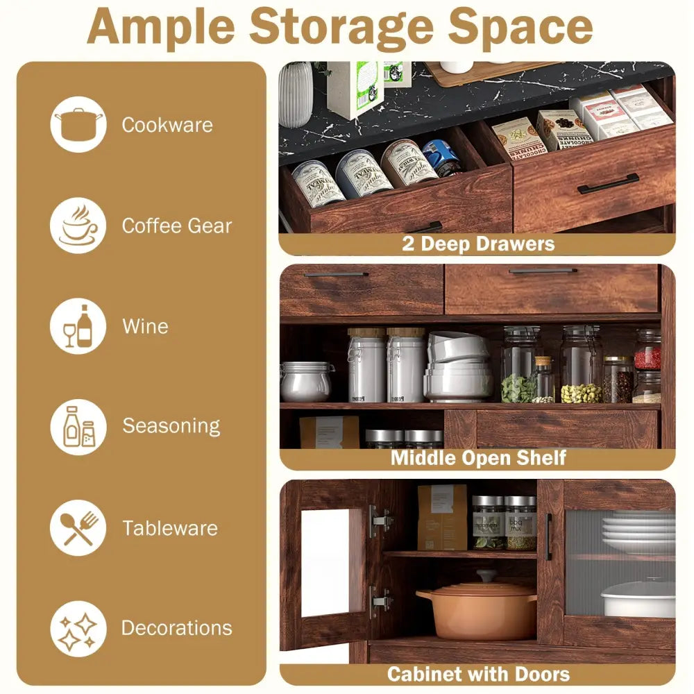 Coffee Bar Cabinet with 2 Drawers and 1 Open Compartment-Brown - Brown - Sideboards Cabinets & Buffets